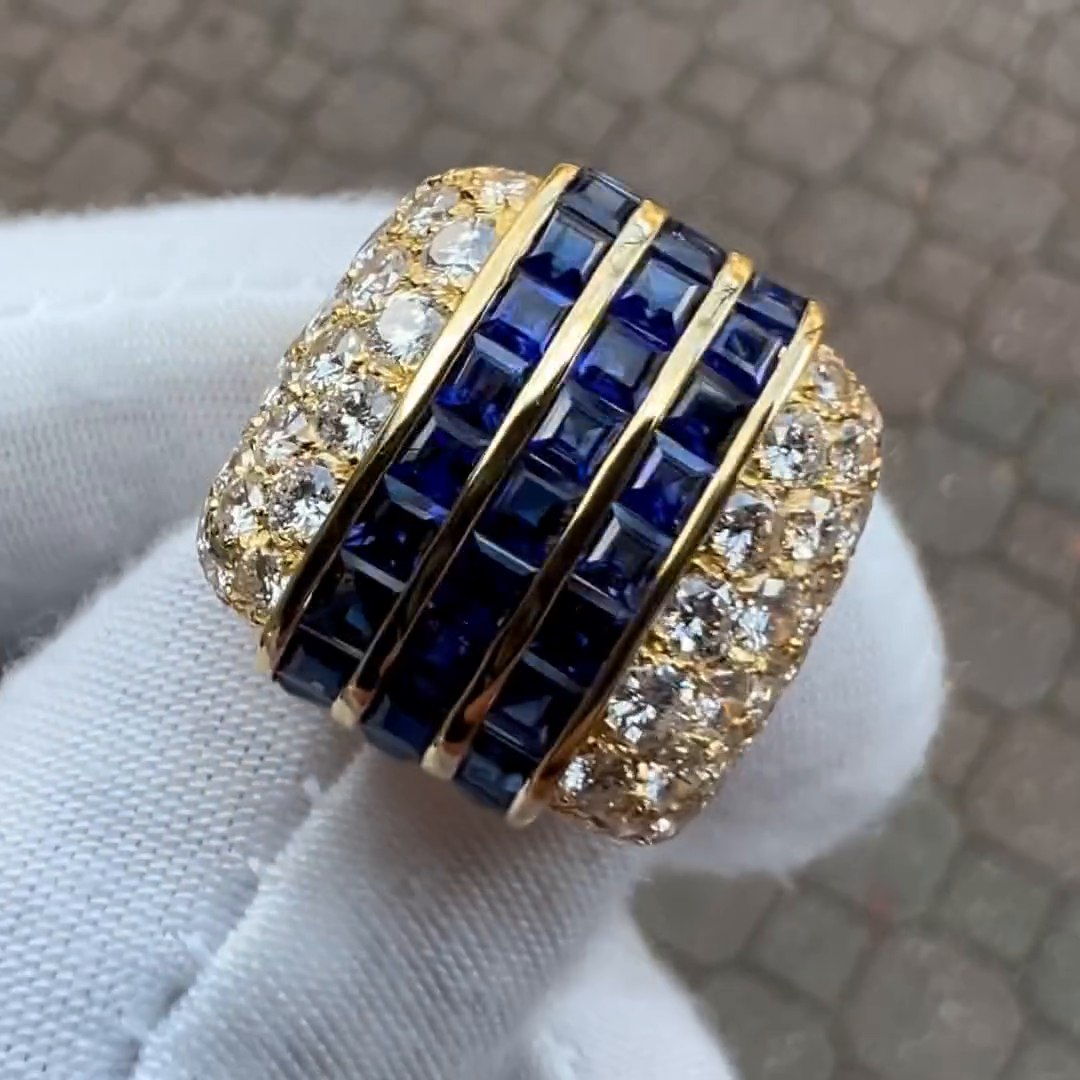 6.5ctw Square Step Cut Blue Sapphire Tree-Row Unique Design Pave Set White Sapphires Yellow Gold Men's Ring