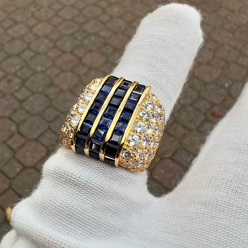 6.5ctw Square Step Cut Blue Sapphire Tree-Row Unique Design Pave Set White Sapphires Yellow Gold Men's Ring