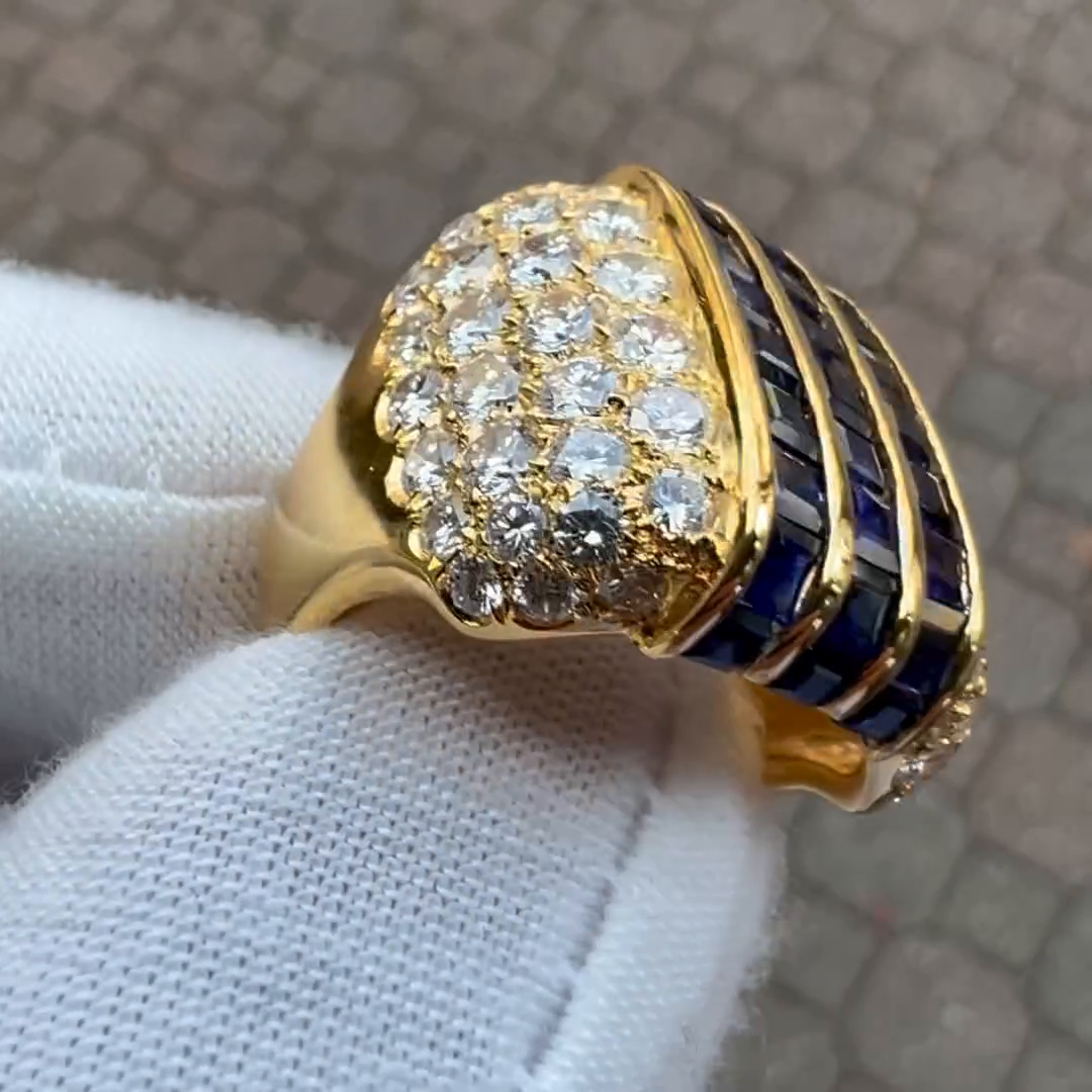 6.5ctw Square Step Cut Blue Sapphire Tree-Row Unique Design Pave Set White Sapphires Yellow Gold Men's Ring