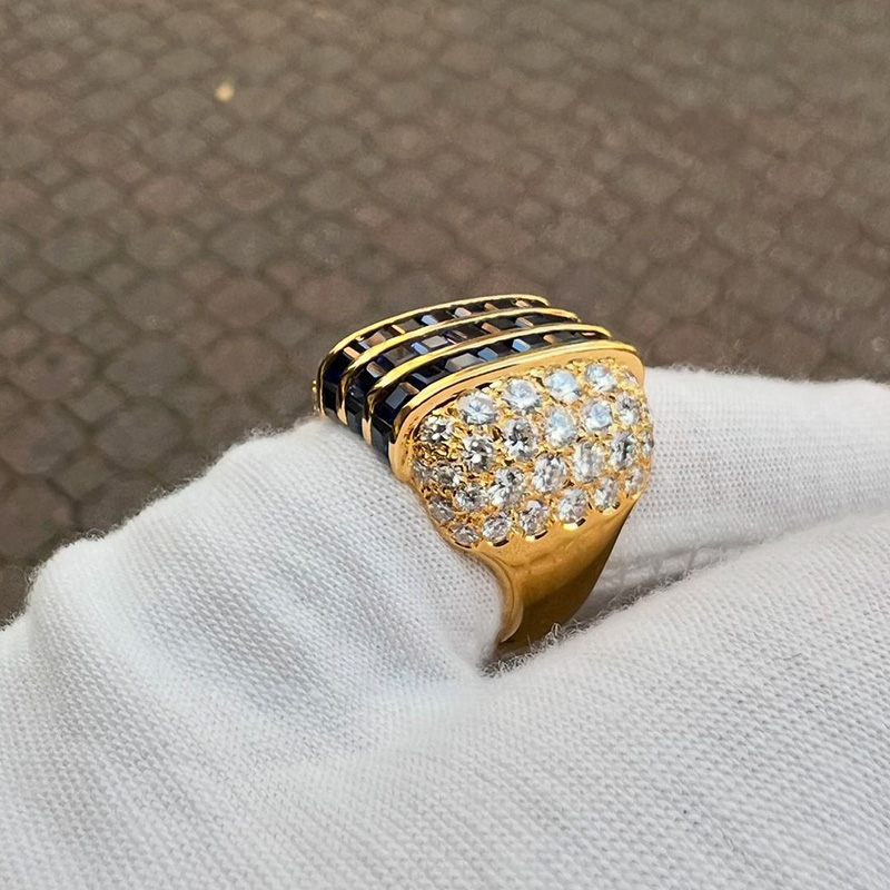 6.5ctw Square Step Cut Blue Sapphire Tree-Row Unique Design Pave Set White Sapphires Yellow Gold Men's Ring