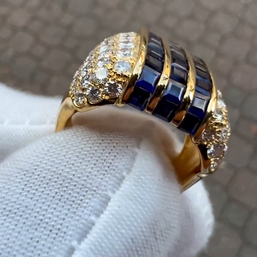 6.5ctw Square Step Cut Blue Sapphire Tree-Row Unique Design Pave Set White Sapphires Yellow Gold Men's Ring