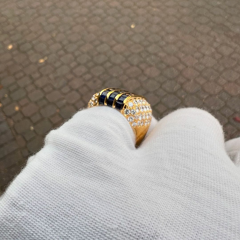 6.5ctw Square Step Cut Blue Sapphire Tree-Row Unique Design Pave Set White Sapphires Yellow Gold Men's Ring