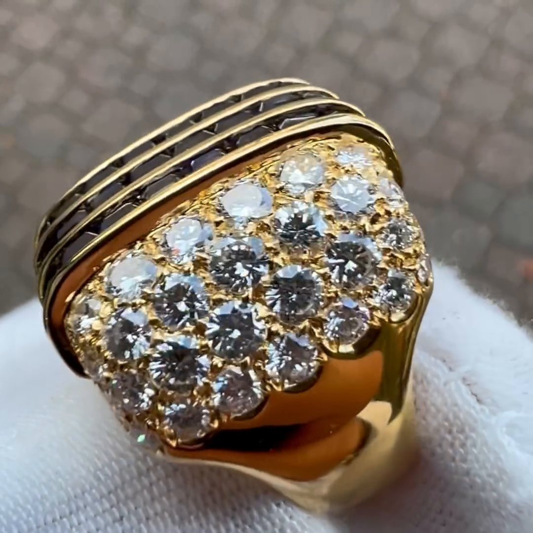 6.5ctw Square Step Cut Blue Sapphire Tree-Row Unique Design Pave Set White Sapphires Yellow Gold Men's Ring