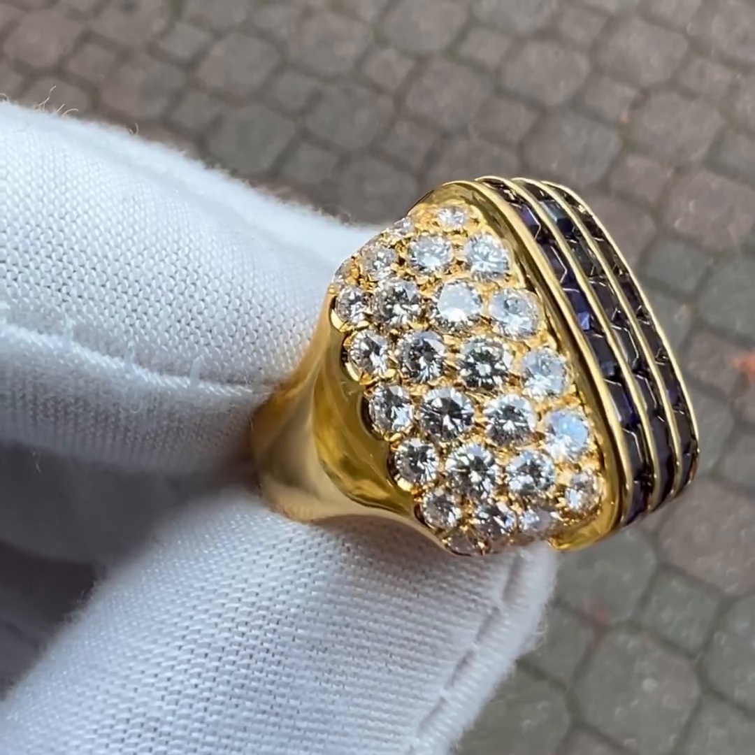 6.5ctw Square Step Cut Blue Sapphire Tree-Row Unique Design Pave Set White Sapphires Yellow Gold Men's Ring