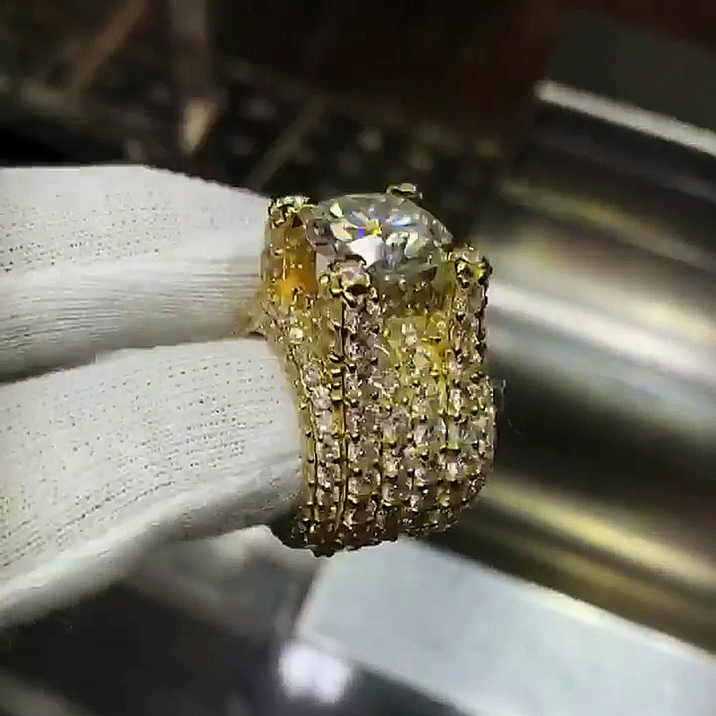 5ct Round Cut White Sapphire Pave Set Yellow Gold Handmade Men's Ring