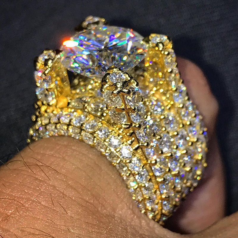 5ct Round Cut White Sapphire Pave Set Yellow Gold Handmade Men's Ring