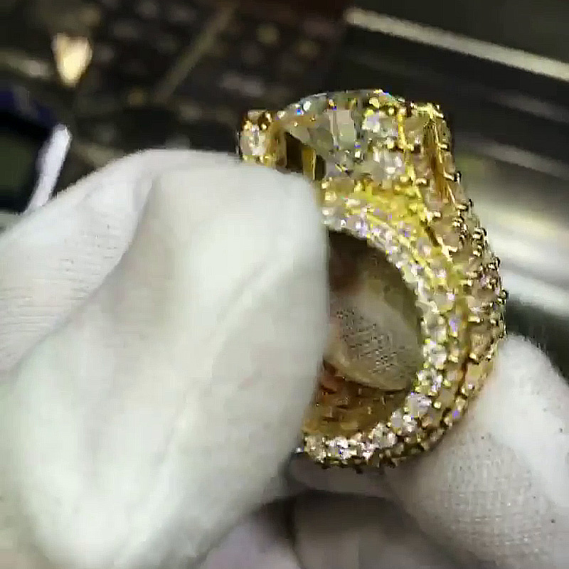 5ct Round Cut White Sapphire Pave Set Yellow Gold Handmade Men's Ring