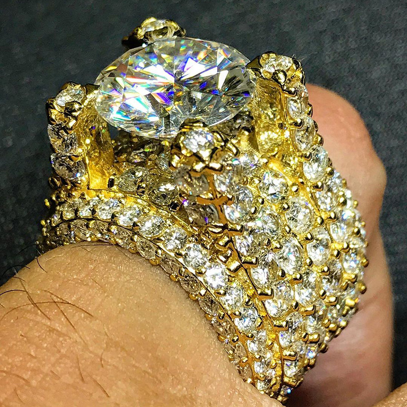 5ct Round Cut White Sapphire Pave Set Yellow Gold Handmade Men's Ring