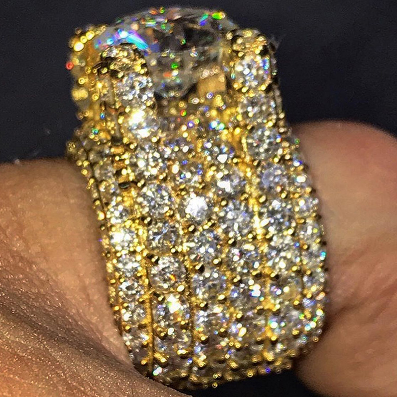 5ct Round Cut White Sapphire Pave Set Yellow Gold Handmade Men's Ring