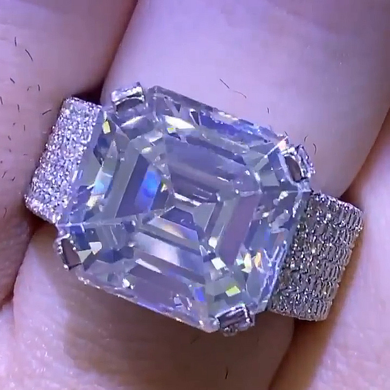 7ct Asscher Cut White Sapphire Full Pave Set Handmade Ring