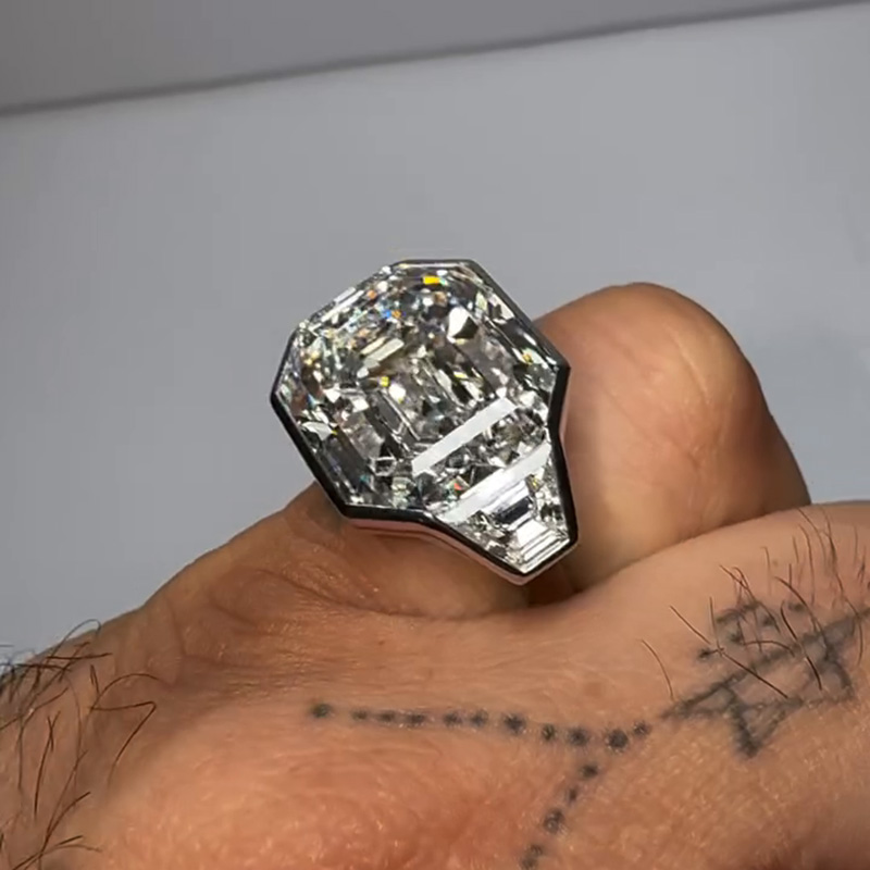 15ctw Asscher Cut With Trapezoid Side Stones Three-Stone Bezel Set Handmade Men's Ring