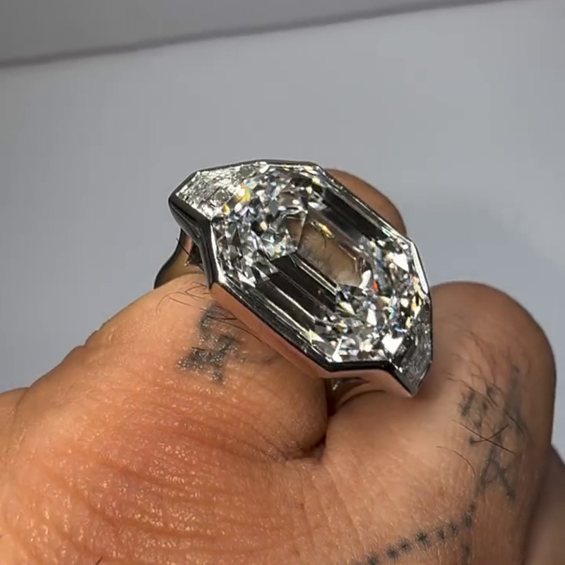 15ctw Asscher Cut With Trapezoid Side Stones Three-Stone Bezel Set Handmade Men's Ring