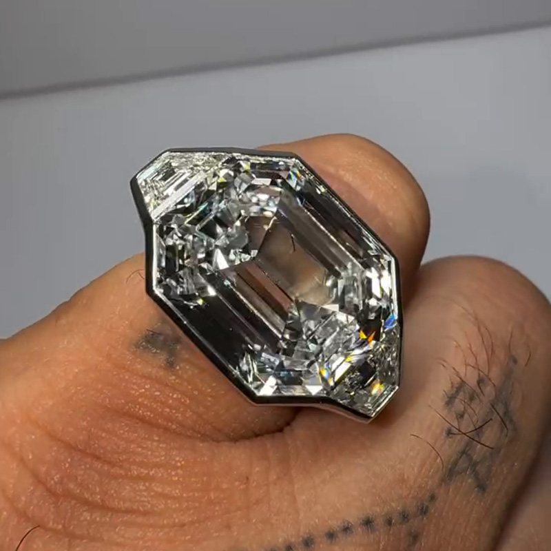 15ctw Asscher Cut With Trapezoid Side Stones Three-Stone Bezel Set Handmade Men's Ring