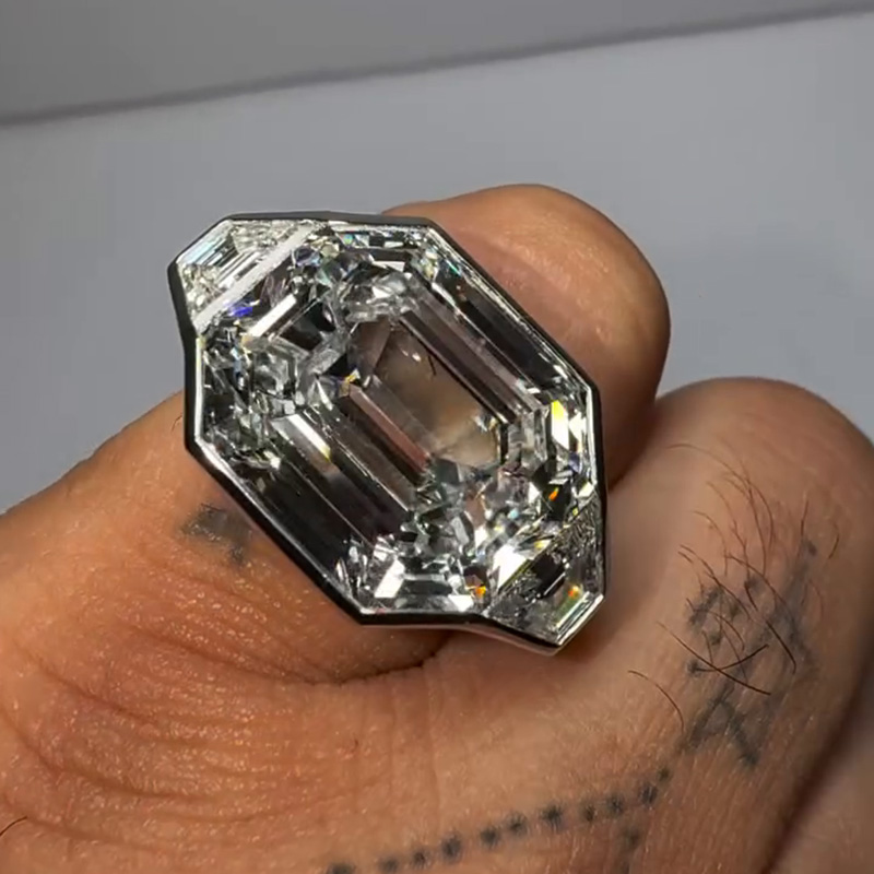 15ctw Asscher Cut With Trapezoid Side Stones Three-Stone Bezel Set Handmade Men's Ring