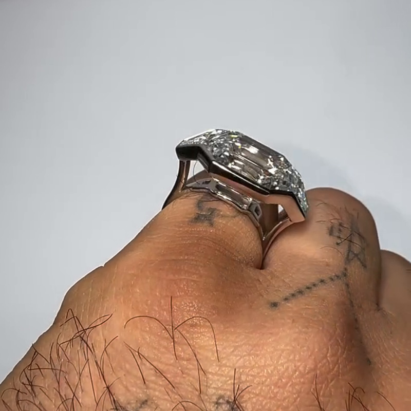 15ctw Asscher Cut With Trapezoid Side Stones Three-Stone Bezel Set Handmade Men's Ring