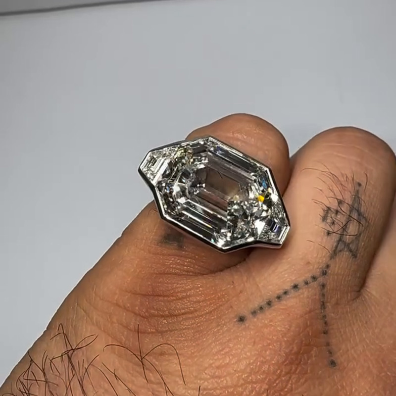 15ctw Asscher Cut With Trapezoid Side Stones Three-Stone Bezel Set Handmade Men's Ring