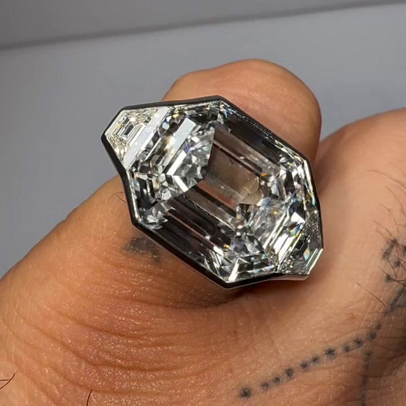 15ctw Asscher Cut With Trapezoid Side Stones Three-Stone Bezel Set Handmade Men's Ring