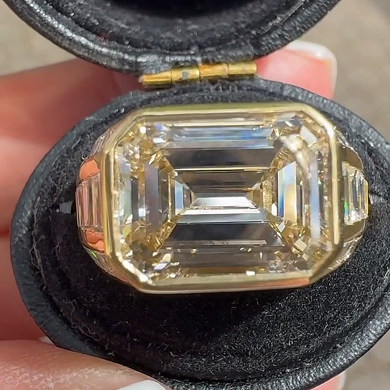5ct Emerald Cut White Sapphire With Baguette Cut Side Stones East-West Bezel Set Yellow Gold Vintage Engagement Ring