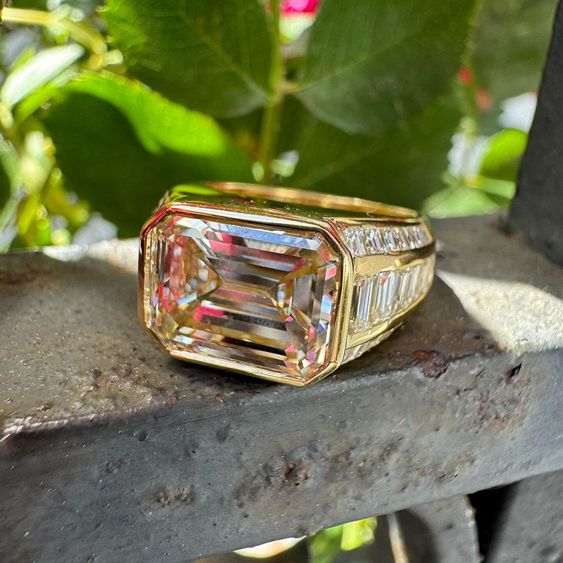 5ct Emerald Cut White Sapphire With Baguette Cut Side Stones East-West Bezel Set Yellow Gold Vintage Engagement Ring