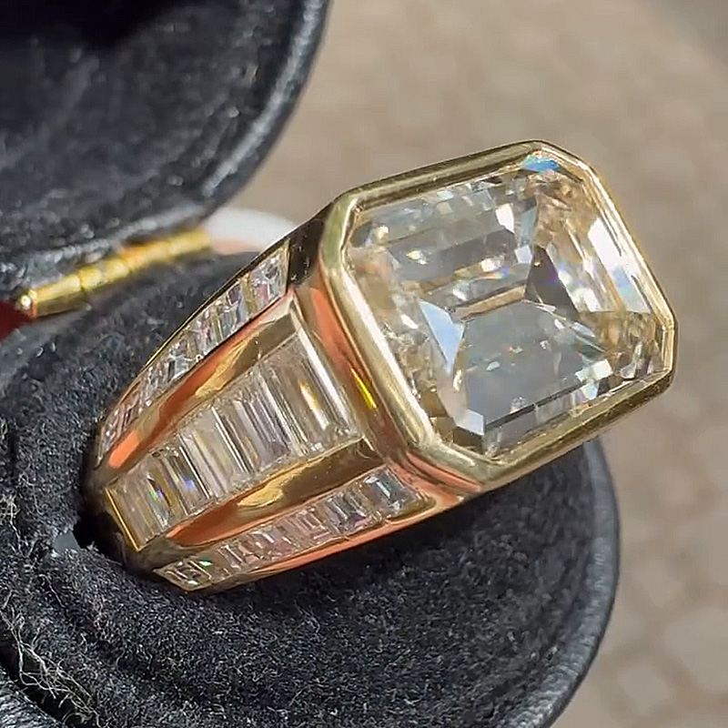 5ct Emerald Cut White Sapphire With Baguette Cut Side Stones East-West Bezel Set Yellow Gold Vintage Engagement Ring