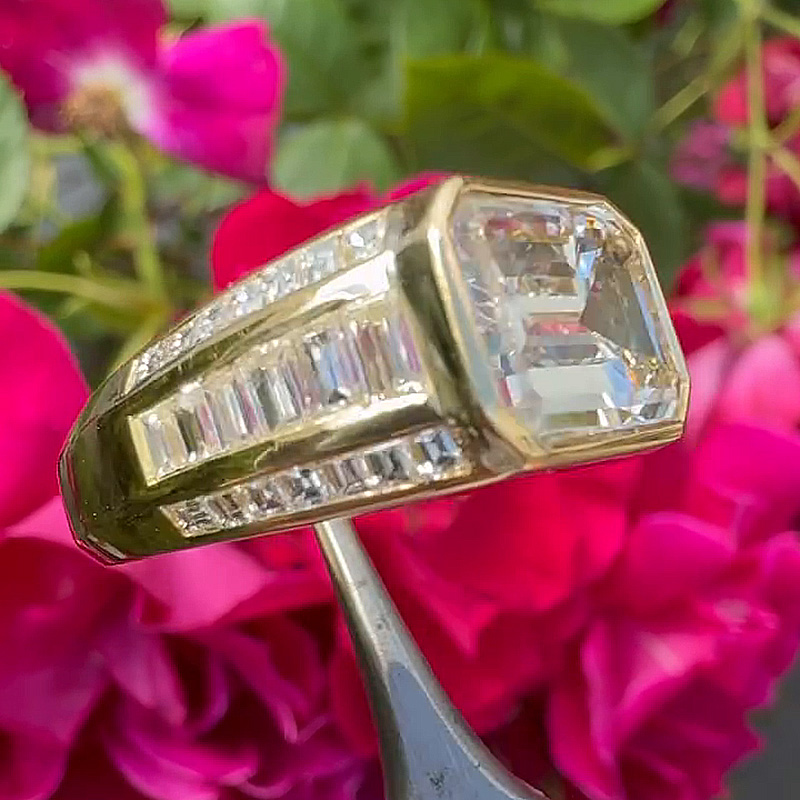 5ct Emerald Cut White Sapphire With Baguette Cut Side Stones East-West Bezel Set Yellow Gold Vintage Engagement Ring