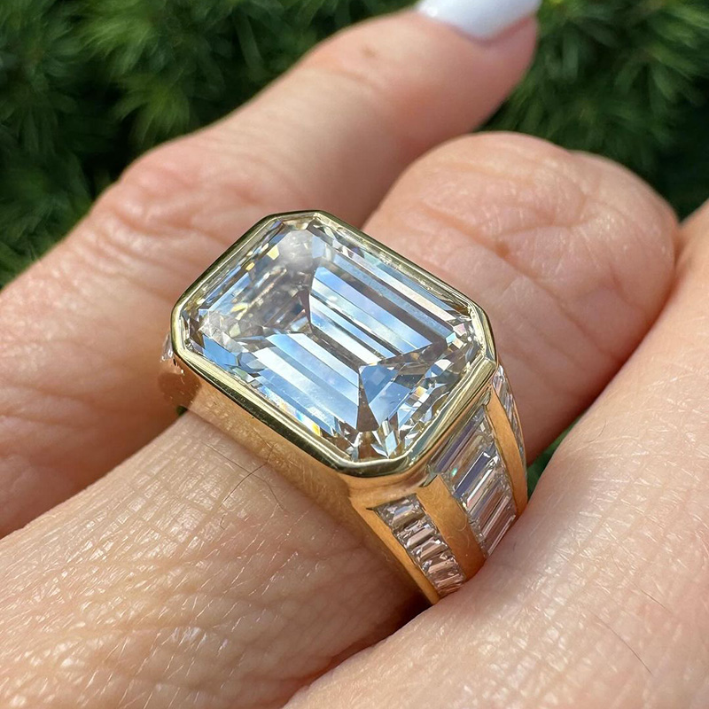 5ct Emerald Cut White Sapphire With Baguette Cut Side Stones East-West Bezel Set Yellow Gold Vintage Engagement Ring