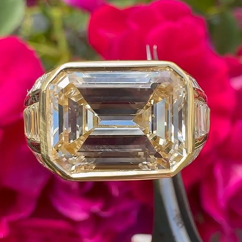 5ct Emerald Cut White Sapphire With Baguette Cut Side Stones East-West Bezel Set Yellow Gold Vintage Engagement Ring