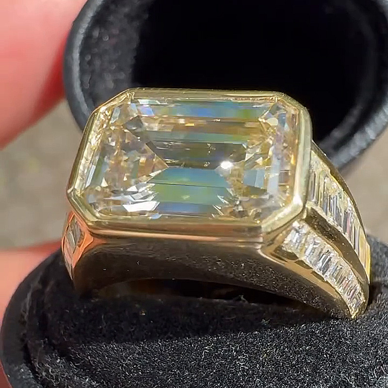 5ct Emerald Cut White Sapphire With Baguette Cut Side Stones East-West Bezel Set Yellow Gold Vintage Engagement Ring