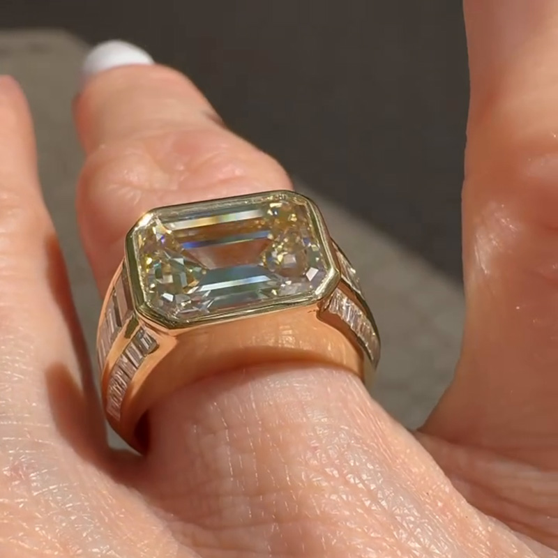 5ct Emerald Cut White Sapphire With Baguette Cut Side Stones East-West Bezel Set Yellow Gold Vintage Engagement Ring