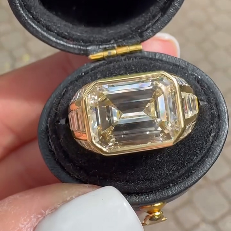 5ct Emerald Cut White Sapphire With Baguette Cut Side Stones East-West Bezel Set Yellow Gold Vintage Engagement Ring