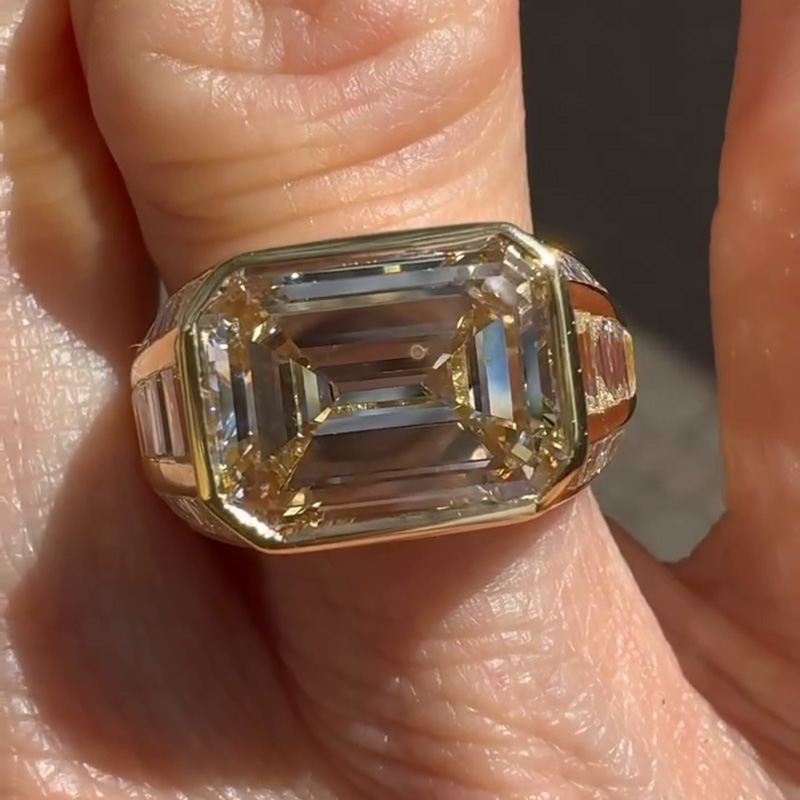 5ct Emerald Cut White Sapphire With Baguette Cut Side Stones East-West Bezel Set Yellow Gold Vintage Engagement Ring