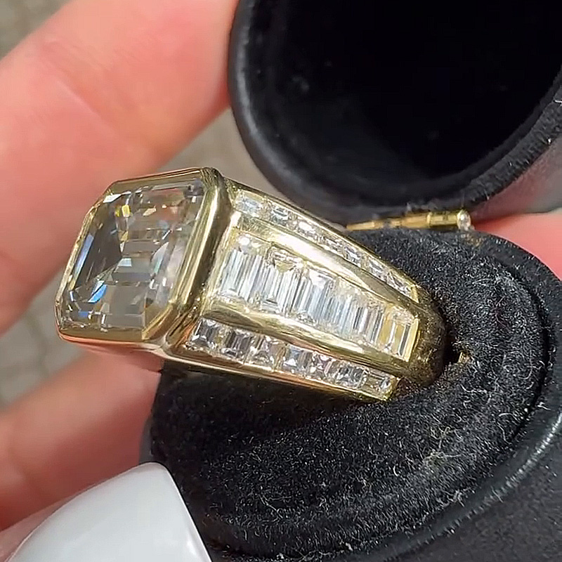 5ct Emerald Cut White Sapphire With Baguette Cut Side Stones East-West Bezel Set Yellow Gold Vintage Engagement Ring