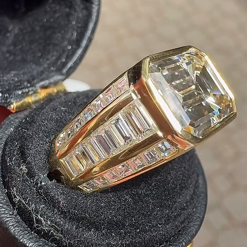 5ct Emerald Cut White Sapphire With Baguette Cut Side Stones East-West Bezel Set Yellow Gold Vintage Engagement Ring
