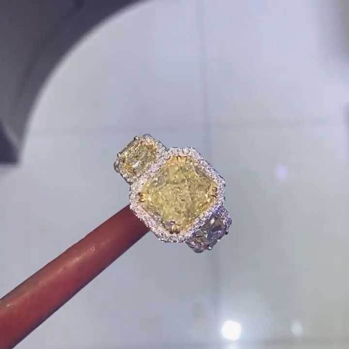 6.5ct Radiant Cut Fancy Yellow Sapphire Halo Pave Set Handmade Sterling Silver Ring