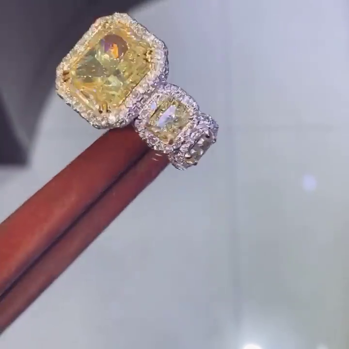 6.5ct Radiant Cut Fancy Yellow Sapphire Halo Pave Set Handmade Sterling Silver Ring