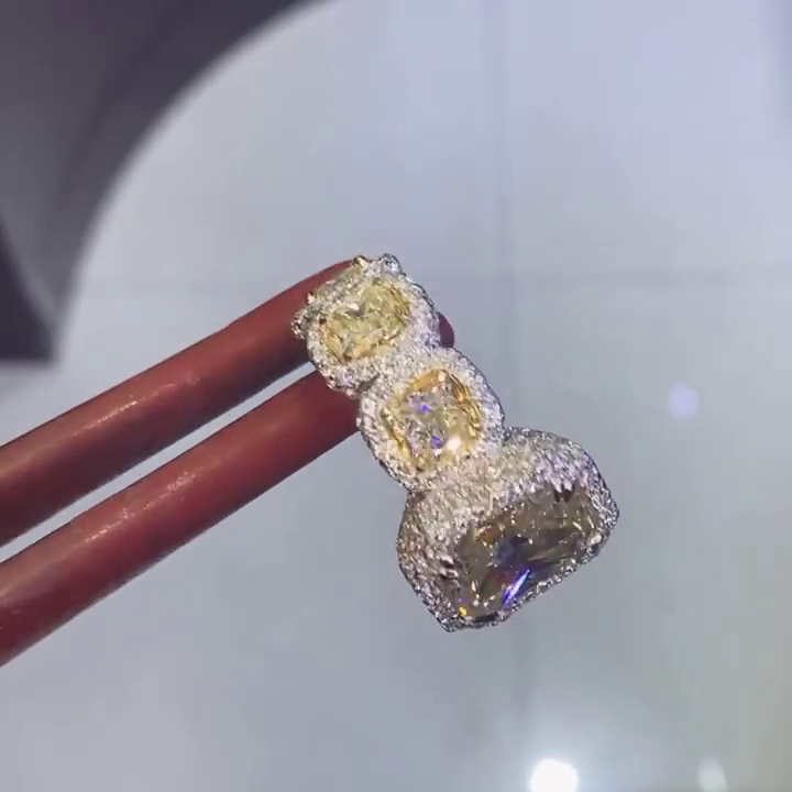 6.5ct Radiant Cut Fancy Yellow Sapphire Halo Pave Set Handmade Sterling Silver Ring