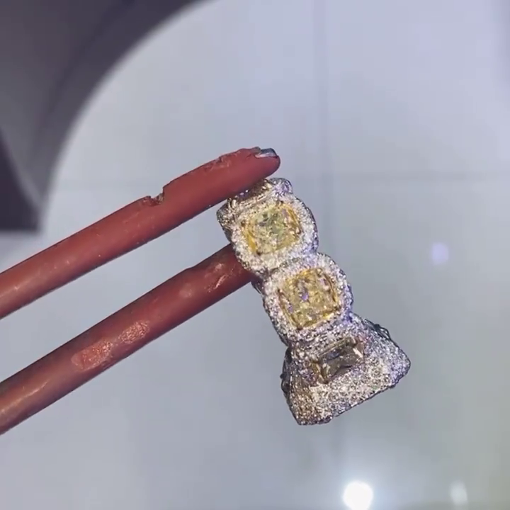 6.5ct Radiant Cut Fancy Yellow Sapphire Halo Pave Set Handmade Sterling Silver Ring