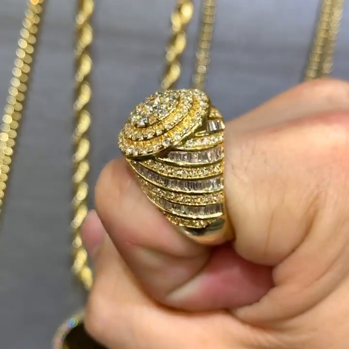 4.3ct Round Cut White Sapphire With Baguette Cut Side Stones Yellow Gold Handmade Men's Ring