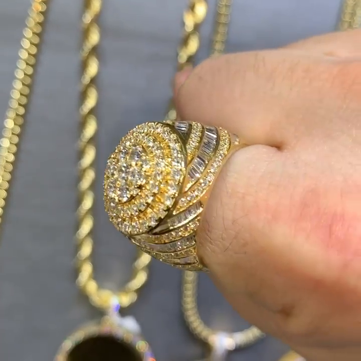 4.3ct Round Cut White Sapphire With Baguette Cut Side Stones Yellow Gold Handmade Men's Ring