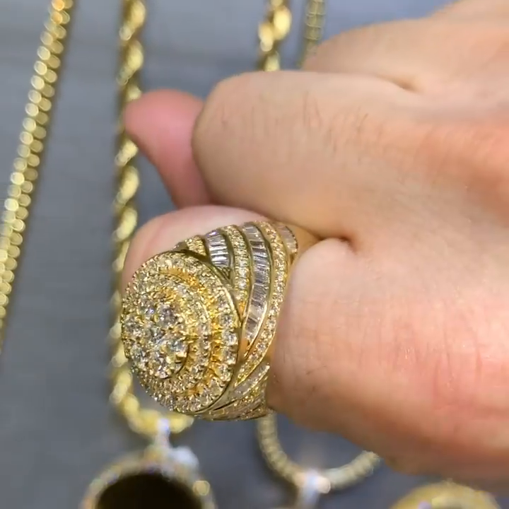 4.3ct Round Cut White Sapphire With Baguette Cut Side Stones Yellow Gold Handmade Men's Ring