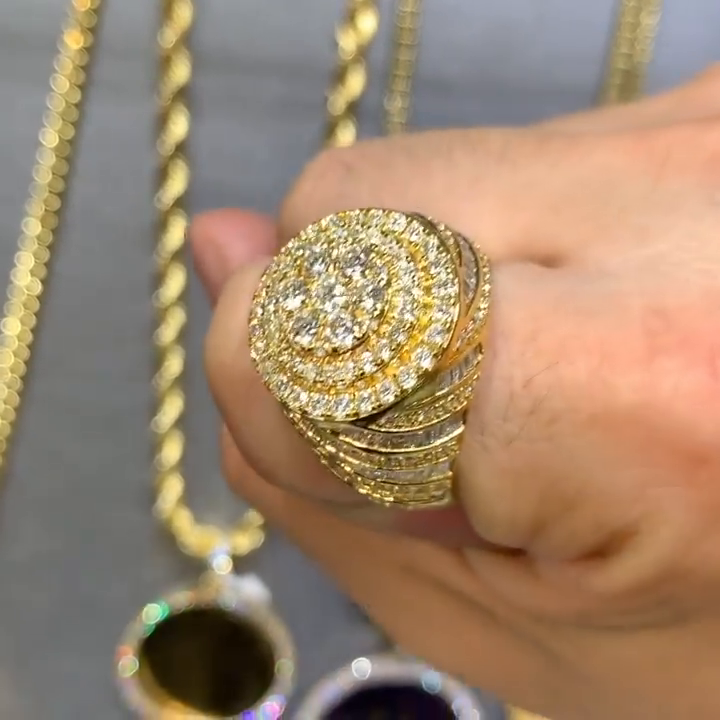 4.3ct Round Cut White Sapphire With Baguette Cut Side Stones Yellow Gold Handmade Men's Ring