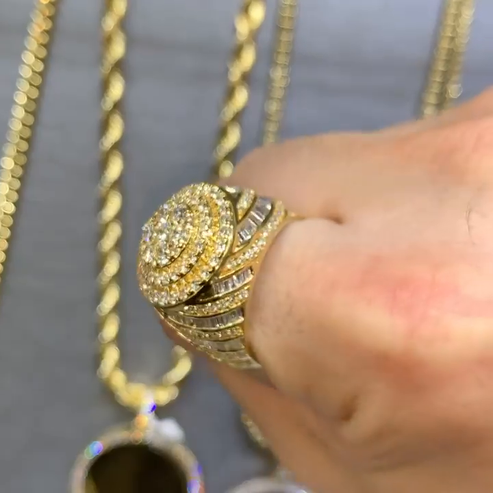 4.3ct Round Cut White Sapphire With Baguette Cut Side Stones Yellow Gold Handmade Men's Ring