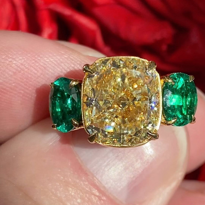 5ct Cushion Cut Yellow Sapphire Flanked By 2 Oval Cut Emeralds Yellow Gold Handmade Engagement Ring