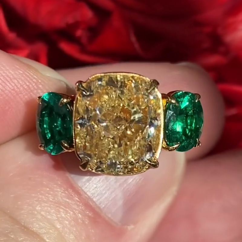 5ct Cushion Cut Yellow Sapphire Flanked By 2 Oval Cut Emeralds Yellow Gold Handmade Engagement Ring