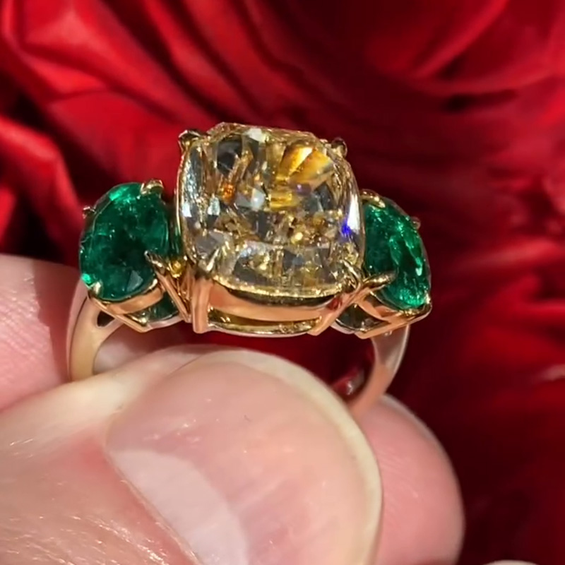 5ct Cushion Cut Yellow Sapphire Flanked By 2 Oval Cut Emeralds Yellow Gold Handmade Engagement Ring