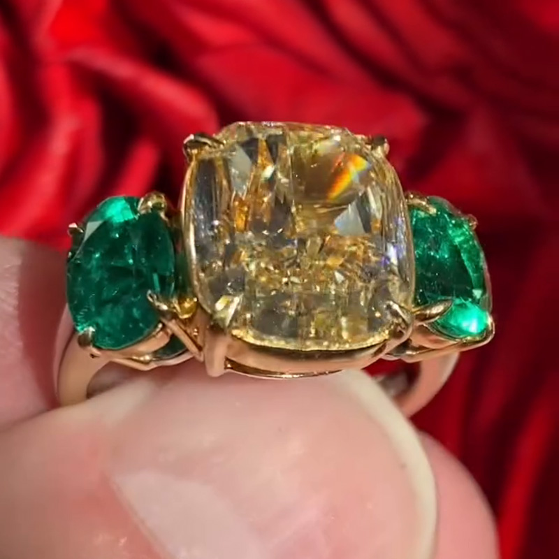 5ct Cushion Cut Yellow Sapphire Flanked By 2 Oval Cut Emeralds Yellow Gold Handmade Engagement Ring