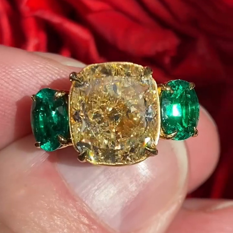 5ct Cushion Cut Yellow Sapphire Flanked By 2 Oval Cut Emeralds Yellow Gold Handmade Engagement Ring