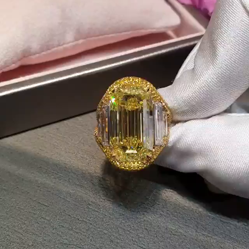 15ct Emerald Cut Yellow Sapphire Halo Yellow Gold Handmade Engagement Ring