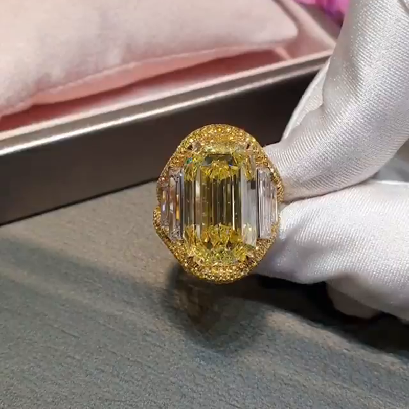 15ct Emerald Cut Yellow Sapphire Halo Yellow Gold Handmade Engagement Ring