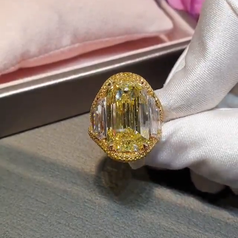 15ct Emerald Cut Yellow Sapphire Halo Yellow Gold Handmade Engagement Ring